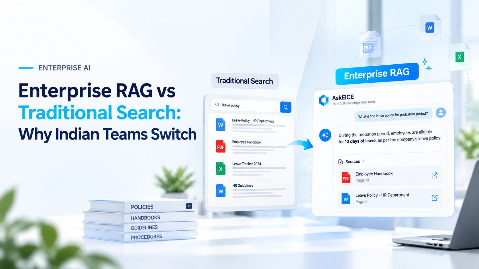 Enterprise RAG compared with traditional search, showing AI-generated answers linked to company documents and source references