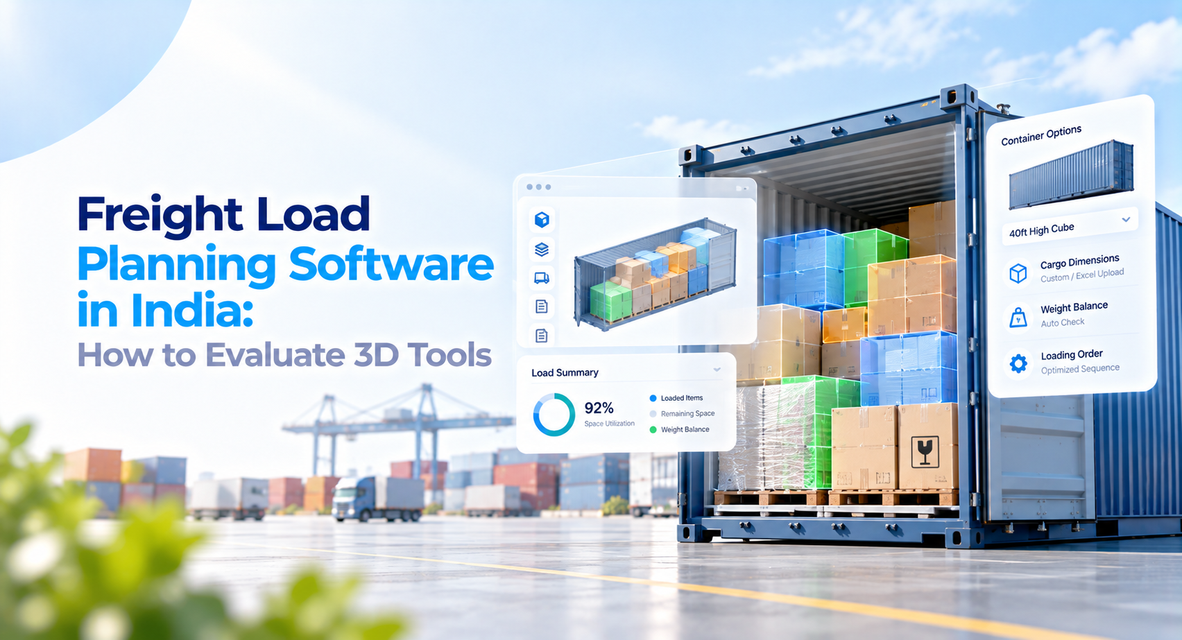 3D container load planning visualization showing cargo placement and space utilization for freight shipments