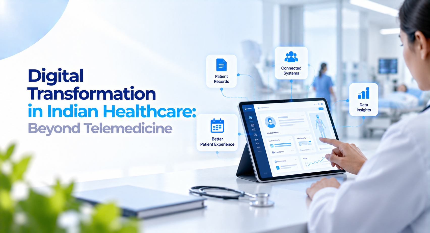 Digital healthcare transformation connecting patient records, hospital systems, and healthcare data