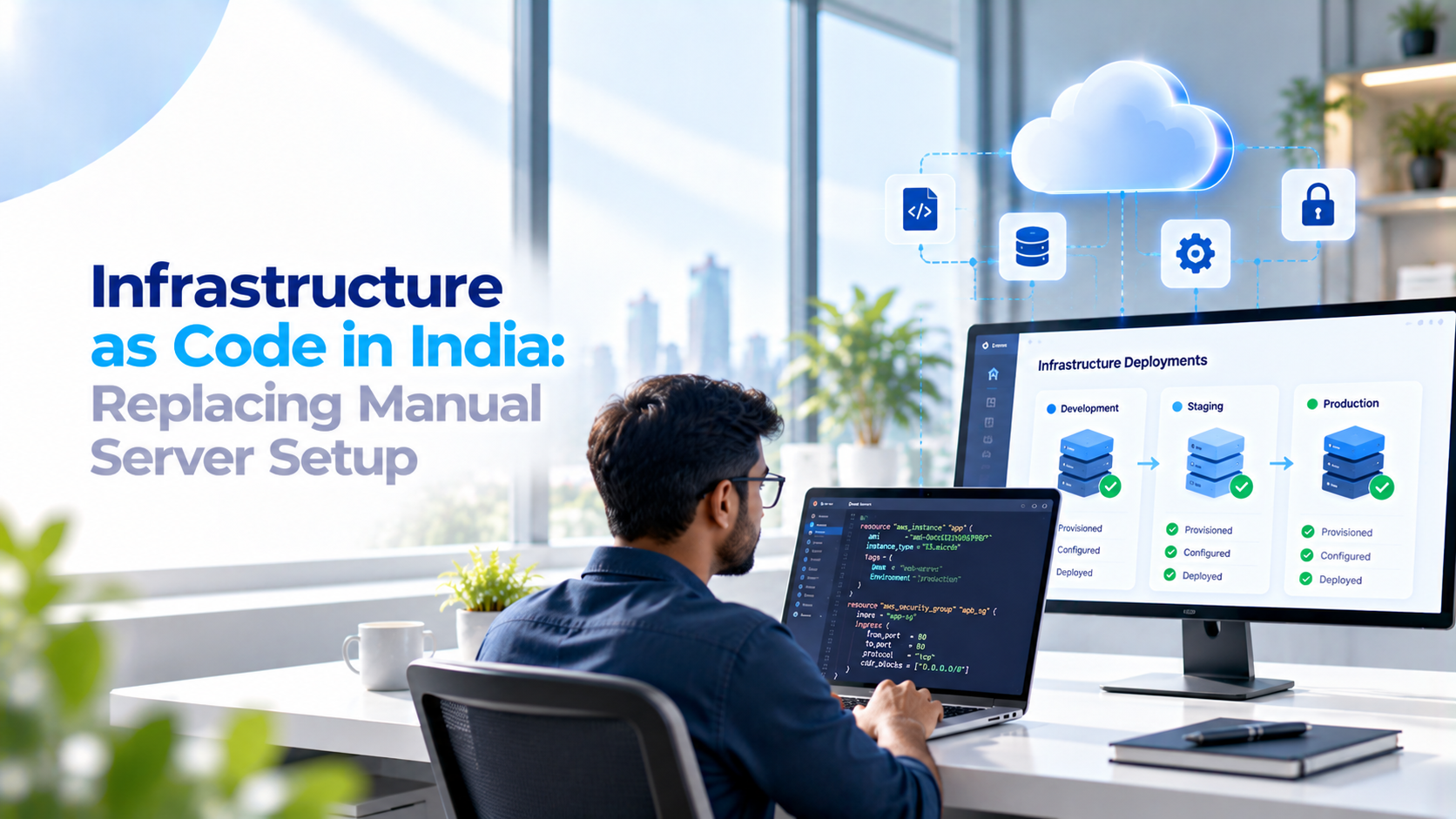 Infrastructure as code workflow showing code-based configuration and consistent cloud server environments