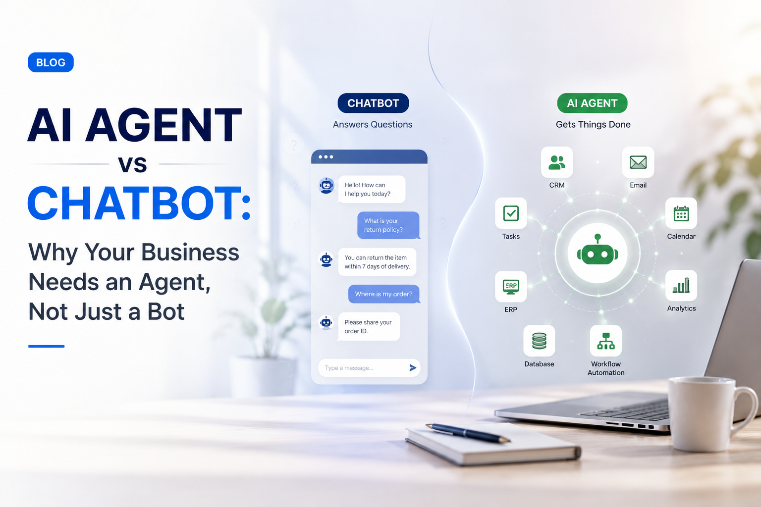 Illustration comparing an AI chatbot with an autonomous AI agent managing multiple business workflows and enterprise applications
