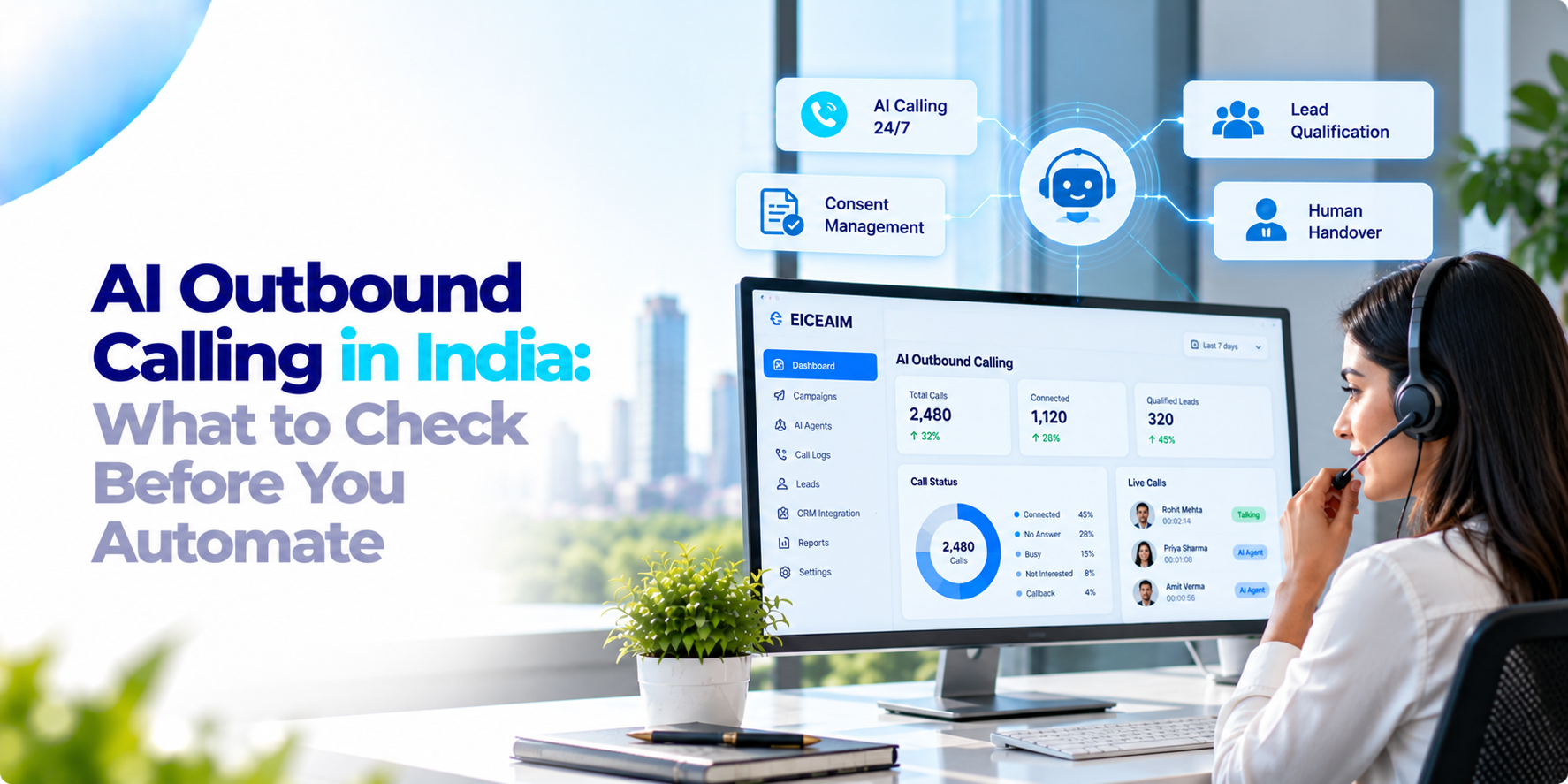 Sales professional reviewing an AI outbound calling dashboard and qualified leads