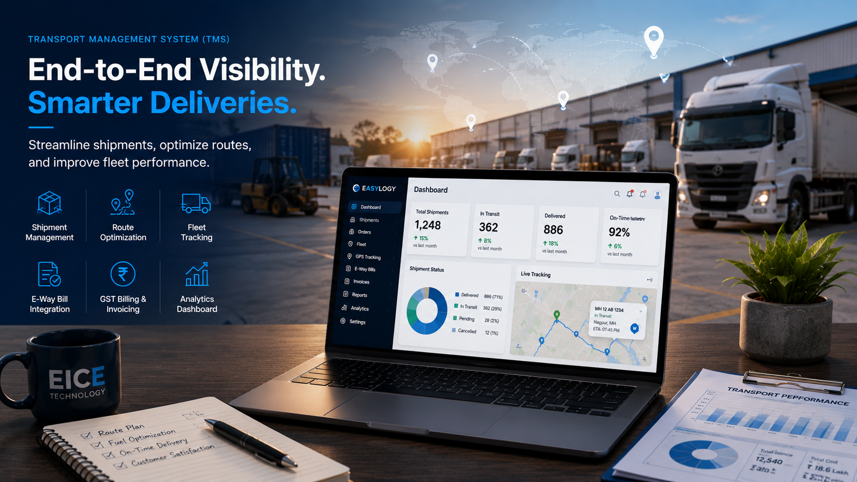 Transport Management System dashboard for Indian logistics companies showing fleet tracking, route optimization, and shipment management