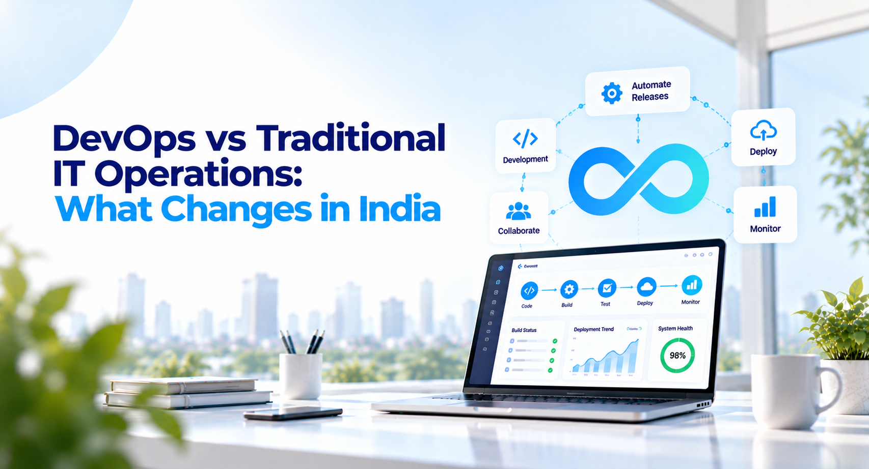 DevOps workflow connecting software development, automated testing, deployment and IT monitoring