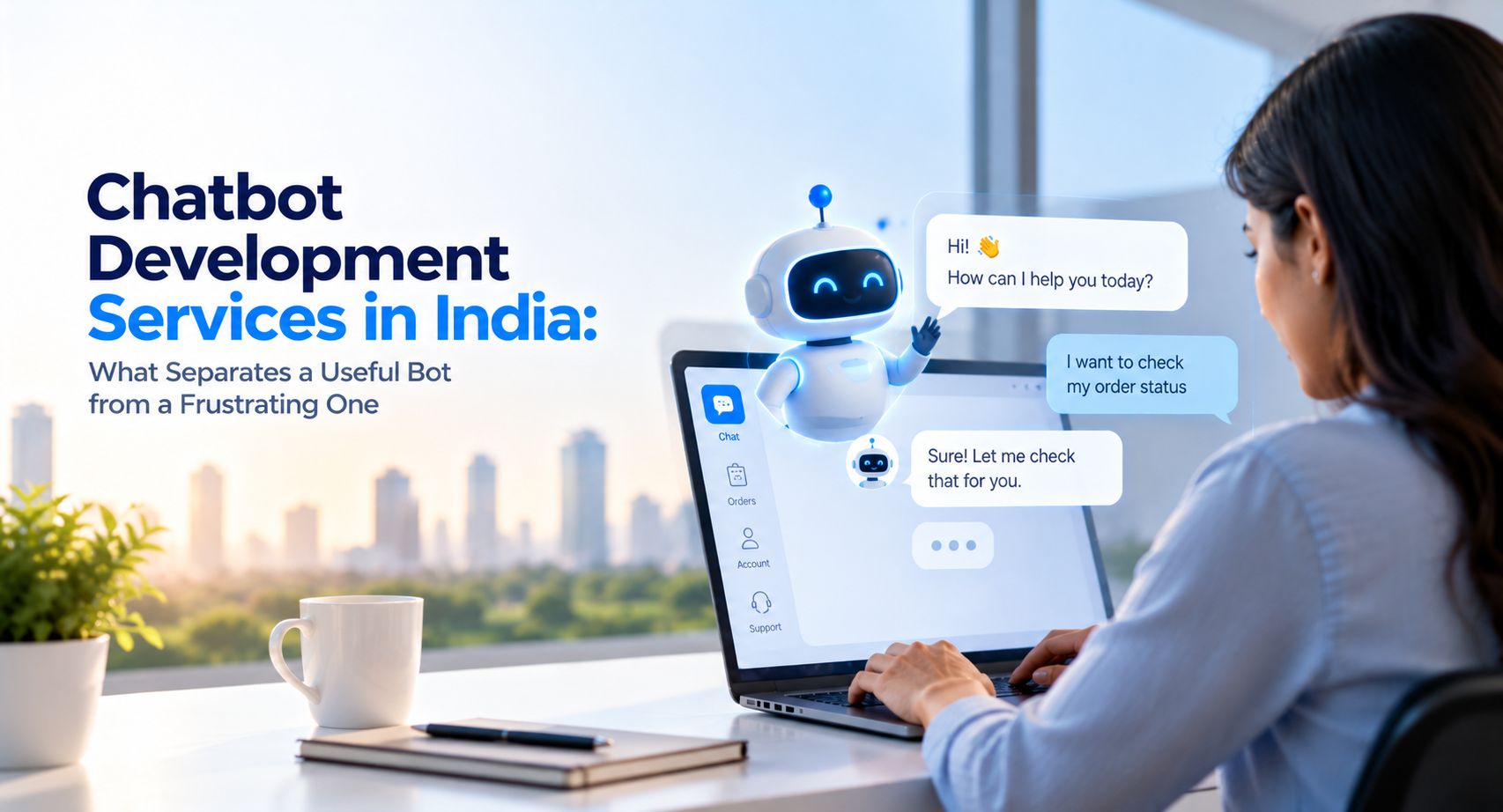 AI chatbot development showing customer conversations, business system integration and human support handoff