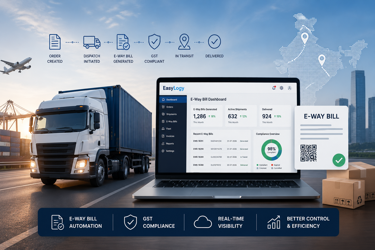 E-Way Bill integration with logistics software in India showing digital freight management and GST compliance dashboard