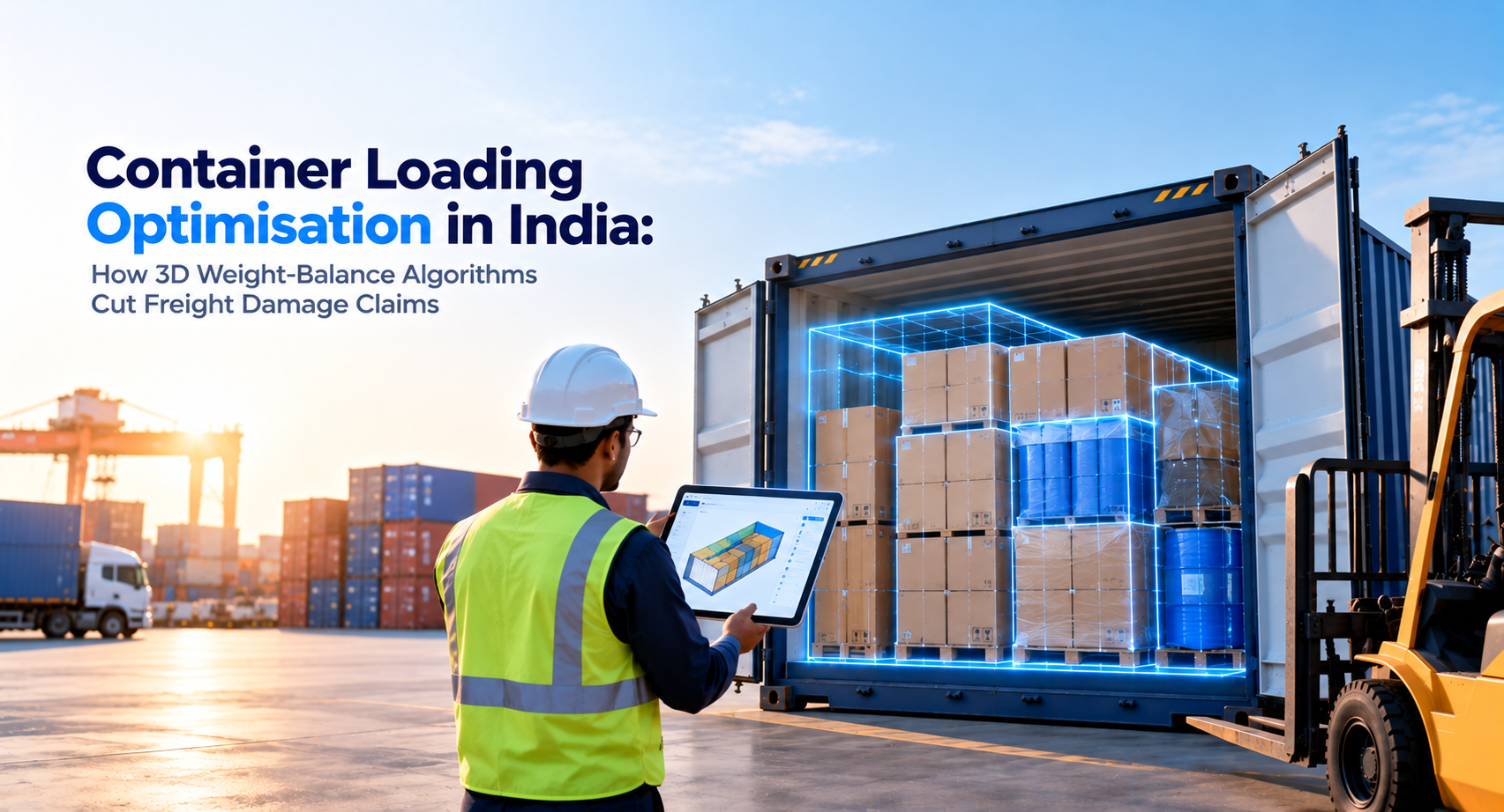 3D container loading optimisation showing cargo placement and weight distribution for freight planning