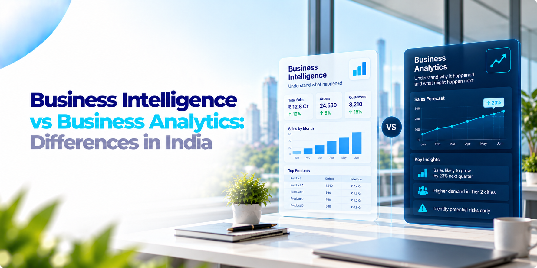 Business analyst reviewing business performance dashboards and predictive analytics charts